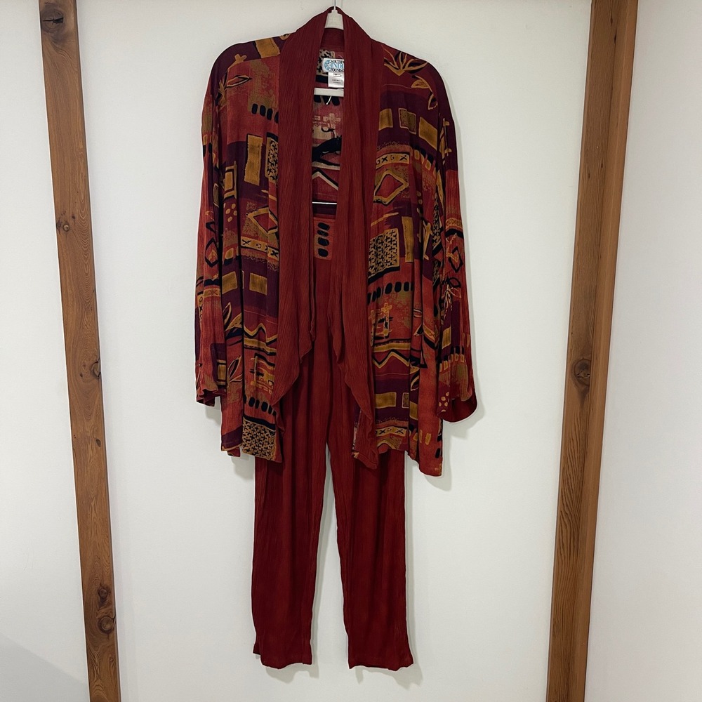 Southwest Indian Foundation Kimono Pants Set Womens M Rust Tribal Boho Indonesia